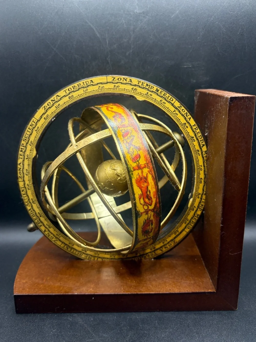 Vintage Italian Brass Armillary Sphere Zodiac Climate Zones Wooden Base Bookend